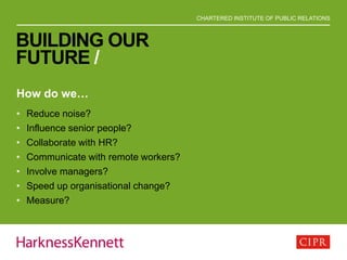 CHARTERED INSTITUTE OF PUBLIC RELATIONS
BUILDING OUR
FUTURE /
How do we…
• Reduce noise?
• Influence senior people?
• Collaborate with HR?
• Communicate with remote workers?
• Involve managers?
• Speed up organisational change?
• Measure?
 