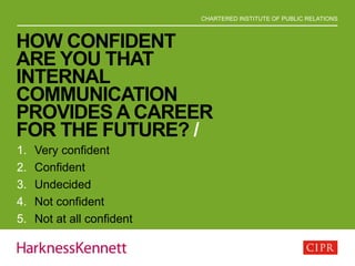 CHARTERED INSTITUTE OF PUBLIC RELATIONS
HOW CONFIDENT
ARE YOU THAT
INTERNAL
COMMUNICATION
PROVIDES A CAREER
FOR THE FUTURE? /
1. Very confident
2. Confident
3. Undecided
4. Not confident
5. Not at all confident
 