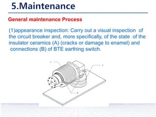 (1)appearance inspection: Carry out a visual inspection of
the circuit breaker and, more specifically, of the state of the
insulator ceramics (A) (cracks or damage to enamel) and
connections (B) of BTE earthing switch.
General maintenance Process
 