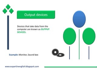 www.expertinenglish.blogspot.com
Output devices
Devices that take data from the
computer are known as OUTPUT
DEVICES.
Example: Monitor, Sound box
 