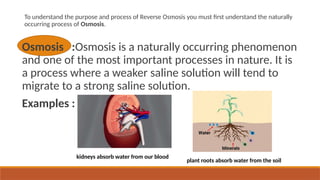 To understand the purpose and process of Reverse Osmosis you must first understand the naturally
occurring process of Osmosis.
Osmosis :Osmosis is a naturally occurring phenomenon
and one of the most important processes in nature. It is
a process where a weaker saline solution will tend to
migrate to a strong saline solution.
Examples :
kidneys absorb water from our blood
plant roots absorb water from the soil
 