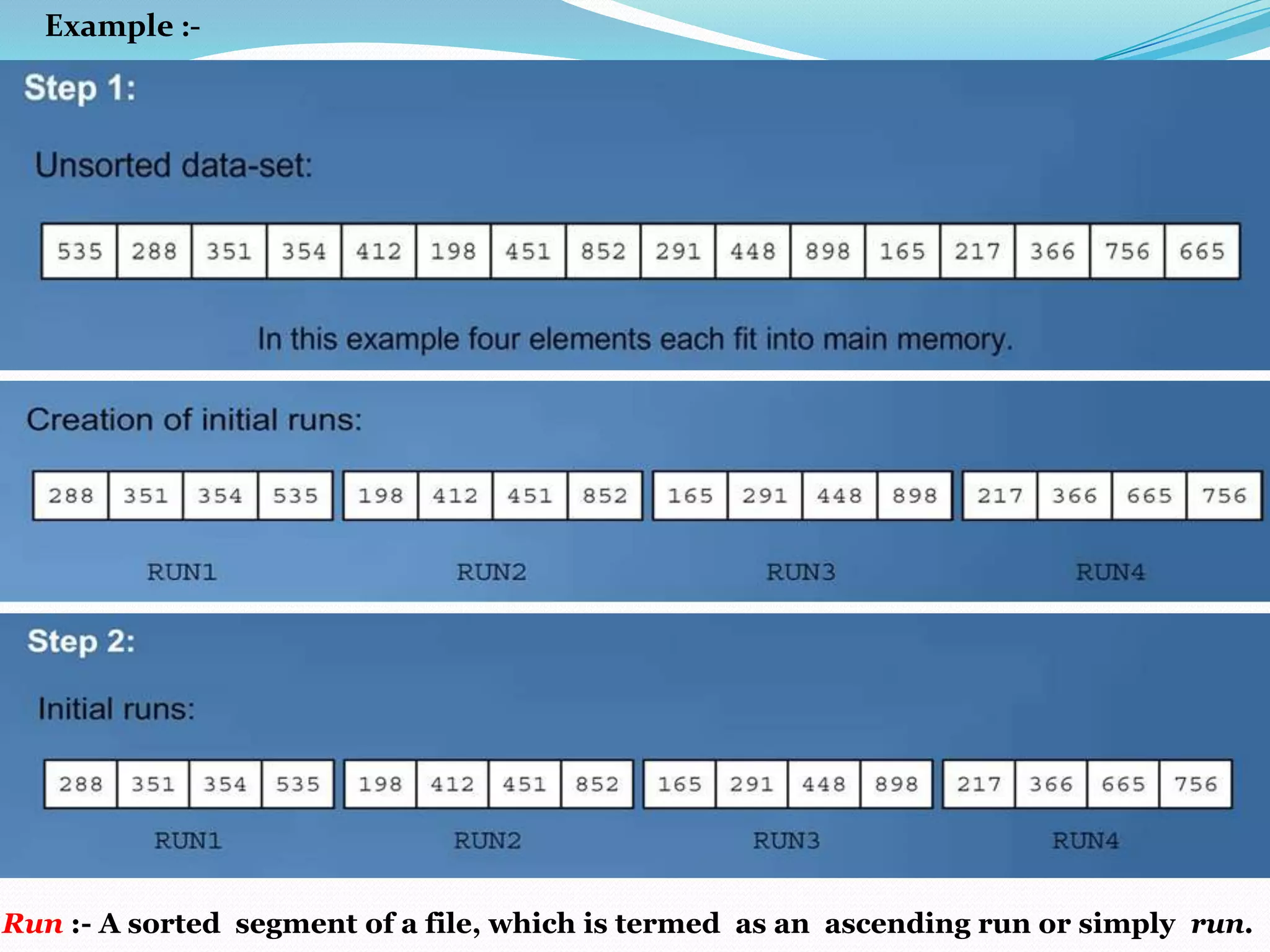 Example :-

Run :- A sorted segment of a file, which is termed as an ascending run or simply run.

 