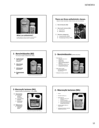 10/18/2011




                                                                                                       There are three anthelmintic classes.
                                                                                                             Based on similar chemistries, modes of action, and cross‐resistance.


                                                                                                           1. Benzimidazoles (BZ)

                                                                                                              Macrocylic lactones (ML)
                                                                                                           2. Macrocylic lactones (ML)
                                                                                                                  A. Avermectins
                                                                                                                  B. Milbemycins

                                                                                                           3. Nicotinic antagonists
     What is an anthelmintic?                                                                                     A. Imidazothiazoles (IMID)
     An agent that kills or causes the expulsion of parasitic worms.
     Also called dewormer, wormer, drench, or parasiticide.                                                       B. Tetrahydropyrimidines (TETR)




1 ‐ Benzimidazoles (BZ)                                                                                1 ‐ Benzimidazoles (white drenches)
   First class of modern anthelmintics (1961)

                                                                                                       •    Broad spectrum
 A. Fenbendazole                                                                                             1.     Adult and 4th stage larvae of 
                                                                                                                    roundworms
    Safe‐guard®                                                                                              2.     Adult liver flukes 
    Panacur®                                                                                                        (Valbazen® only)
                                                                                                             3.     Heads and segments of tapeworms  
                                                                                                                    (Valbazen® or 2x labeled dose of 
                                                                                                                    Safe‐Guard®)
 B.
 B Albendazole                                                                                               4.     Effective against hypobiotic larvae
    Valbazen®                                                                                                5.     One of the drugs of choice for 
                                                                                                                    meningeal worm (Safe‐Guard®)

 C. Oxfendazole                                                                                        •    Wide margin of safety
    Synanthic®                                                                                               – Do not use Valbazen® during 
                                                                                                               first  30 days of  pregnancy or 
                                                                                                               removal of ram(s).

 D. Thiabendazole                                                                                      •    Widespread resistance reported.
    TBZ                                   Benzimidazoles kill worms by interfering with energy 
                                         metabolism on a cellular level by binding to beta tubulin.




2‐ Macrocylic lactones (ML)                                                                            2 ‐ Macrocylic lactones (ML)
   Newest family of anthelmintics ‐ circa 1980’s
                                                                                                             •     Potent
1) Avermectins
  a) Ivermectin                                                                                              •     Persistent activity (+/‐)
     Ivomec®
     Primectin®                                                                                              •     Broad spectrum
  b) Eprinomectrin                                                                                                  1.   Adult and 4th stage larvae of 
                                                                                                                         roundworms
     Eprinex®
     E i ®                                                                                                          2.   Some external parasites
  c) Doramectin                                                                                                          (Ivermectin: larval stages of nasal bots)
     Dectomax®                                                                                                      3.   Effective against hypobiotic larvae
                                                                                                                    4.   One of the drugs of choice for 
                                                                                                                         meningeal worm (ivermectin).

2) Milbemycins                                                                                               •     Potential negative effect on 
  a) Moxidectin                                                                                                    dung insects.
     Cydectin®
     Quest®                                                                                                  •     Widespread resistance reported, 
                                                                                                                   especially avermectins. 
                                          Macrocylic lactones interfere with GABA‐mediated 
                                     neurotransmission, causing paralysis and death of the parasite.




                                                                                                                                                                                           12
 