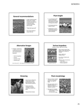 10/18/2011




    General recommendations                                                                Plant height
                                                                        • It is estimated that 80 
                                          • It takes approximately        percent of infective 
                                            60 days for a highly          worm larvae are found 
                                            contaminated pasture          in the first 2 to 3 inches 
                                            to become lowly               of the ground surface.
                                            contaminated with 
                                                 t i t d ith
                                            worm larvae.                • Do not graze pastures 
                                                                          below 4 inches.
                                          • “Take half, leave half”     • Overgrazing is one of 
                                                                          the primary causes of 
                                          • Don’t graze below 4           internal parasitism in 
                                            inches (10 cm).               small ruminants.




               Alternative forages                                                       Sericea lespedeza
                                                                                      Lespedeza cuneata (high tannin variety)
                                                            Chicory
• Forages containing 
                                                                                                     •    Warm season legume that
  condensed tannins                                                                                       grows in acidic soils with low
                                                                                                          fertility and is tolerant of
  and sesquiterpene                                                                                       drought.
  lactones.
                                                                                                     •    Goats
                                                                                                          G t readily eat.
                                                                                                                   dil    t
                                                                                                          Sheep will eat.
   –   Sericea lespedeza
   –   Chicory                                                                                       •    For control of barber pole
                                                                                                          worm only.
   –   Birdsfoot trefoil
                                                                                                     •    Effective when consumed as
   –   Artemisia spp.
                                                                                                          – Fresh forage
                                                                                                          – Loose or ground hay
  How do they work (?) – reduce egg hatch and development of larvae.        Images from scsrpc.org        – Pelleted supplement




                          Browsing                                                  Plant morphology
                                                                       • There are lower numbers                              Red clover
                                       • Goats that are allowed to       of larvae on non‐grass 
                                         browse (their natural           plants, e.g. legumes, 
                                         grazing behavior) have          forbs.
                                         fewer parasite problems.
                                                                         Non‐grass plants reduce 
                                                                       • N           l t d
                                                                         parasite survival on 
                                       • Browse should be                pasture or reduce larval 
                                         managed to provide              migration up plant.
                                         continuous nutrition for 
                                         goats.                        • Management strategies
                                                                          – Include legumes in pasture 
                                                                            mixes (e.g. 30%).
                                       • Sheep will also browse.          – Plant alternative forages.




                                                                                                                                                  21
 