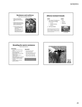 10/18/2011




                    Resistance and resilience                                    (More) resistant breeds
                           Both traits are equally important!
    •   There is a cost to parasite 
        resistance as resources are                                              SHEEP                                              GOATS
        directed away from production 
        traits.                                                                  1. Hair sheep of Caribbean or                      • Kiko
                                                                                    North African heritage                          • Spanish
    •   Resilient animals may still carry  
                                                                                            St. Croix
        significant parasite loads and be a                                                                                         • Myotonic
        source of contamination to the 
                 f    t i ti t th                                                           B b d Bl kb ll
                                                                                            Barbados Blackbelly
        pasture and other animals.
                                                                                            Katahdin
    •   Correlation between two traits                                           2. Gulf Coast Native
         – No correlation between worm 
           resistance and resilience in New 
           Zealand studies.
                                                                                 Naturally‐selected resistant breeds of sheep and
         – Positive correlation between two                                      goats have developed resistance over a much
           traits in Australian work.
                                                                                 longer term (decades and perhaps centuries)
         – Low (positive) or no correlation in 
           Western Maryland Pasture‐Based                                        than short‐term (few years) genetically‐selected
           Meat Goat Performance Test.                                           resistant lines within breed.
                                                                                                                                         St. Croix sheep




        Breeding for worm resistance
                                Within breed selection

RESISTANCE
                                                  RESILIENCE
•   Cull animals with high fecal egg 
    counts.                            • Cull animals that require 
•   Don’t select replacements with         frequent deworming.
    high fecal egg counts.
                                       • Don’t select replacements that 
•   Don t use rams or bucks with high 
    Don’t use rams or bucks with high
    egg fecal counts.                      require frequent deworming.
•   Include fecal egg counts in a      • Don’t use a ram or buck that 
    selection index.                       requires frequent deworming.
•   Select animals based on a minimum 
    standard for parasite resistance.
•   Use EPD’s to select for parasite    Make sure you are comparing animals 
    resistance.                          in the same contemporary group (i.e. 
•   Use gene markers to select for      similar breed, age, and management).
    parasite resistance.




                                                                                                                                                                  24
 