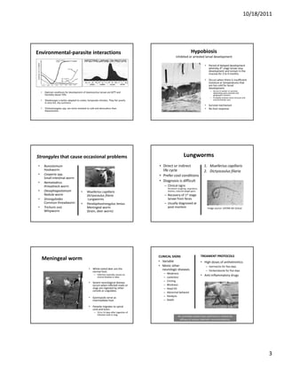 10/18/2011




Environmental‐parasite interactions                                                                                          Hypobiosis
                                                                                                            inhibited or arrested larval development

                                                                                                                                          • Period of delayed development 
                                                                                                                                            whereby 4th stage larvae stop 
                                                                                                                                            development and remain in the 
                                                                                                                                            mucosa for 3 to 4 months.

                                                                                                                                          • Occurs when there is insufficient 
                                                                                                                                            moisture or temperatures that 
                                                                                                                                               i                       h
                                                                                                                                            are too cold for larval 
                                                                                                                                            development.
                                                                                                                                              – Occurs in winter or summer, 
    •   Optimal conditions for development of Haemonchus larvae are 82⁰F and                                                                    depending upon parasite and 
        humidity above 70%.                                                                                                                     geographic location.
                                                                                                                                              – Probably involves some immune and 
    •   Teladorsagia is better adapted to cooler, temperate climates. They fair poorly                                                          environmental cues.
        in very hot, dry summers.
                                                                                                                                          • Survival mechanism
    •   Trichostrongylus spp. are more resistant to cold and desiccation than                                                             • No host response
        Haemonchus.




Strongyles that cause occasional problems                                                                            Lungworms
•       Bunostomum                                                                           • Direct or indirect                         1. Muellerius capillaris
        Hookworm                                                                               life cycle                                 2. Dictyocaulus filaria
•       Cooperia spp.                                                                        • Prefer cool conditions
        Small intestinal worm
•       Nematodirus                                                                          • Diagnosis is difficult
        threadneck worm                                                                          – Clinical signs
                                                                                                    Persistent coughing, respiratory 
•       Oesophagastomum                    •     Muellerius capillaris                              distress, reduced weight gains
        Nodule worm                              Dictyocaulus filaria                            – Recovery of 1st stage 
•       Strongyloides                             Lungworms                                        larvae from feces
        Common threadworm                  •     Paralaphostrongylus tenius                      – Usually diagnosed at 
•       Trichuris ovis                           Meningeal worm                                    post‐mortem                              Image source: UPENN Vet School
        Whipworm                                 (brain, deer worm)




                                                                                             CLINICAL SIGNS                             TREAMENT PROTOCOLS
    Meningeal worm                                                                           • Variable                                 • High doses of anthelmintics
                                                                                             • Mimic other                                 – Ivermectin for five days
                                                  • White‐tailed deer are the                   neurologic diseases
                                                    normal host.                                                                           – Fenbendazole for five days
                                                       – Infection typically causes no          –   Weakness
                                                         clinical disease in deer.
                                                                                                                                        • Anti‐inflammatory drugs
                                                                                                –   Lameness
                                                                                                –   Circling
                                                  • Severe neurological disease 
                                                    occurs when infected snails or 
                                                    occurs when infected snails or              –   Blindness
                                                    slugs are ingested by other                 –   Head tilt
                                                    cervids or ungulates.
                                                                                                –   Abnormal behavior
                                                                                                –   Paralysis
                                                  • Gastropods serve as 
                                                    intermediate host.                          –   Death

                                                  • Parasite migrates to spinal 
                                                    cord and brain.
                                                       – 10 to 14 days after ingestion of 
                                                         infected snail or slug
                                                                                                               No controlled studies have confirmed or refuted the 
                                                                                                                efficacy of various treatment recommendations.




                                                                                                                                                                                       3
 