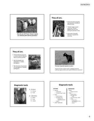 10/18/2011




                                                   They all are.    
                                                                                       • Almost all sheep and goats 
                                                                                         have parasites, probably of 
                                                                                         different kinds.

                                                                                       • “Positive” egg or oocyst
                                                                                          Positive egg or oocyst
                                                                                         counts are “normal.”  
                                                                                         Negative tests are rare 
                                                                                         (during the periods of risk).

         How do you tell if your sheep or goats                                        • Some level of parasite 
                                                                                         infection is required for 
          are infected with internal parasites?                                          immunity.




They all are. 
• Clinical disease occurs at 
  a certain level of infection 
  that can vary by animal.

• Not all parasites are
  Not all parasites are 
  pathogenic or highly 
  pathogenic.

• Not all strains of parasites                          The more important question to ask is:
  are pathogenic or equally 
  pathogenic.                                           How do you tell if a sheep or goat is clinically parasitized 
                                                        (suffering negative effects) and requires anthelmintic treatment?




   Diagnostic tools                                               Diagnostic tools
                                                     ON FARM                               LABORATORY
                                  1) On‐farm
                                                     • Animal                             • Blood
                                    1) Animal                                                 – Packed cell volume
                                                        – FAMACHA©
                                    2) Fecal            – Five Point Check®  NEW!         • Fecal
                                                                                              – Si l fl
                                                                                                Simple flotation
                                                                                                             i
                                                     • Fecal
                                                                                              – Fecal egg counts
                                  2) Laboratory         – Simple flotation                        • FECRT
                                    1) Blood            – Fecal egg counts                    – Lectin staining test   NEW!
                                                            • Fecal egg count                 – Larvae
                                    2) Fecal                  reduction test (FECRT)              • Larvae culture
                                    3) Larvae           – Dipstick                                • Larval development assay
                                                                                                    [DrenchRite®]
                                                     • Carla® saliva test                         • Pasture




                                                                                                                                      6
 