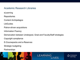 Academic Research Libraries
eLearning
Repositories
Content Archipelagos
LibGuides
Patron-driven acquisitions
Information Fluency
Demarcation between Undergrad, Grad and Faculty/Staff strategies
Copyright compliance
E-Coursepacks and e-Reserves
Strategic budgeting
Partnerships
 