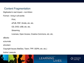 Content Fragmentation
Digitization’s real impact – non-fiction

Format – living in all worlds

            Print,

            ePUB, PDF, Kindle, etc. etc.

            CD, DVD, USB, etc. etc.

            Streaming

            Licenses, Open Access, Creative Commons, etc. etc.

eBooks

eJournals

eContent

Copyright Issues (NatGeo, Tasini, TPP, SOPA, etc. etc.)

Author Lawsuits
 