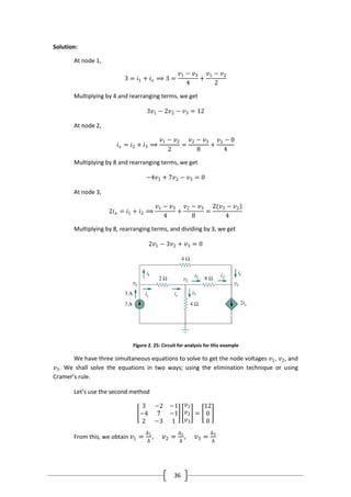 36
Solution:
At node 1,
3 = 𝑖1 + 𝑖 𝑥 ⟹ 3 =
𝑣1 − 𝑣3
4
+
𝑣1 − 𝑣2
2
Multiplying by 4 and rearranging terms, we get
3𝑣1 − 2𝑣2 − 𝑣3 = 12
At node 2,
𝑖 𝑥 = 𝑖2 + 𝑖3 ⟹
𝑣1 − 𝑣2
2
=
𝑣2 − 𝑣3
8
+
𝑣2 − 0
4
Multiplying by 8 and rearranging terms, we get
−4𝑣1 + 7𝑣2 − 𝑣3 = 0
At node 3,
2𝑖 𝑥 = 𝑖1 + 𝑖2 ⟹
𝑣1 − 𝑣3
4
+
𝑣2 − 𝑣3
8
=
2(𝑣3 − 𝑣2)
4
Multiplying by 8, rearranging terms, and dividing by 3, we get
2𝑣1 − 3𝑣2 + 𝑣3 = 0
Figure 2. 25: Circuit for analysis for this example
We have three simultaneous equations to solve to get the node voltages 𝑣1, 𝑣2, and
𝑣3. We shall solve the equations in two ways; using the elimination technique or using
Cramer’s rule.
Let’s use the second method
3 −2 −1
−4 7 −1
2 −3 1
𝑣1
𝑣2
𝑣3
=
12
0
0
From this, we obtain 𝑣1 =
∆1
∆
, 𝑣2 =
∆2
∆
, 𝑣3 =
∆3
∆
 