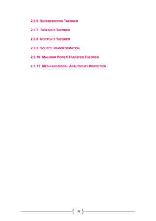 38
2.3.6 SUPERPOSITION THEOREM
2.3.7 THVENIN’S THEOREM
2.3.8 NORTON’S THEOREM
2.3.9 SOURCE TRANSFORMATION
2.3.10 MAXIMUM POWER TRANSFER THEOREM
2.3.11 MESH AND NODAL ANALYSIS BY INSPECTION
 