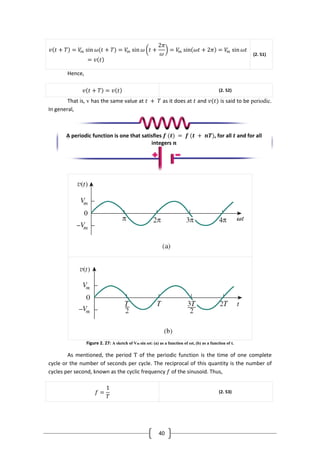 40
𝑣 𝑡 + 𝑇 = 𝑉𝑚 sin 𝜔(𝑡 + 𝑇) = 𝑉𝑚 sin 𝜔 𝑡 +
2𝜋
𝜔
= 𝑉𝑚 sin 𝜔𝑡 + 2𝜋 = 𝑉𝑚 sin 𝜔𝑡
= 𝑣 𝑡
(2. 51)
Hence,
𝑣 𝑡 + 𝑇 = 𝑣 𝑡 (2. 52)
That is, v has the same value at 𝑡 + 𝑇 as it does at 𝑡 and 𝑣(𝑡) is said to be periodic.
In general,
.
Figure 2. 27: A sketch of Vm sin ωt: (a) as a function of ωt, (b) as a function of t.
As mentioned, the period T of the periodic function is the time of one complete
cycle or the number of seconds per cycle. The reciprocal of this quantity is the number of
cycles per second, known as the cyclic frequency 𝑓 of the sinusoid. Thus,
𝑓 =
1
𝑇
(2. 53)
A periodic function is one that satisfies 𝒇 (𝒕) = 𝒇 (𝒕 + 𝒏𝑻), for all 𝒕 and for all
integers 𝒏
 