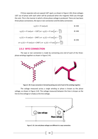 60
If three separate coils are spaced 120° apart, as shown in Figure 2.40, three voltages
120° out of phase with each other will be produced when the magnetic field cuts through
the coils. This is the manner in which a three-phase voltage is produced. There are two basic
three-phase connections, the wye or star connection and the delta connection.
𝑣 𝐴 𝑡 = 𝑉 cos 𝜔𝑡 (2. 113)
𝑣 𝐵 𝑡 = 𝑉 cos 𝜔𝑡 − 120° 𝑜𝑟 𝑣 𝐵 𝑡 = 𝑉 cos 𝜔𝑡 −
2𝜋
3
(2. 114)
𝑣 𝐶 𝑡 = 𝑉 cos 𝜔𝑡 − 240° 𝑜𝑟 𝑣 𝐶 𝑡 = 𝑉 cos 𝜔𝑡 −
4𝜋
3
𝑜𝑟 𝑣 𝐶 𝑡 = 𝑉 cos 𝜔𝑡 + 240° 𝑜𝑟 𝑣 𝐶 𝑡 = 𝑉 cos 𝜔𝑡 +
2𝜋
3
(2. 115)
2.5.3 WYE CONNECTION
The wye or star connection is made by connecting one end of each of the three-
phase windings together as shown in Figure 2-41.
Figure 2. 40: A wye connection is formed by joining one end of each of the windings together.
The voltage measured across a single winding or phase is known as the phase
voltage, as shown in Figure 2.42. The voltage measured between the lines is known as the
line-to-line voltage or simply as the line voltage.
Figure 2. 41: Line and phase voltages are different in a wye connection.
 