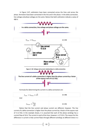 63
In Figure 2.47, voltmeters have been connected across the lines and across the
phase. Ammeters have been connected in the line and in the phase. In the delta connection,
line voltage and phase voltage are the same. Notice that both voltmeters indicate a value of
480 V.
.
𝑉𝐿𝑖𝑛𝑒 = 𝑉𝑃𝑕𝑎𝑠𝑒 (2. 119)
Figure 2. 46: Voltage and current relationships in a delta connection.
Formulas for determining the current in a delta connection are:
𝐼𝐿𝑖𝑛𝑒 = 𝐼 𝑃𝑕𝑎𝑠𝑒 × 3 (2. 120)
And
𝐼 𝑃𝑕𝑎𝑠𝑒 =
𝐼𝐿𝑖𝑛𝑒
3
(2. 121)
Notice that the line current and phase current are different, however. The line
current of a delta connection is higher than the phase current by a factor of the square root
of 3 (1.732). In the example shown, it is assumed that each of the phase windings has a
current flow of 10 A. The current in each of the lines, however, is 17.32 A. The reason for this
difference in current is that current flows through different windings at different times in a
In a delta connection, line voltage and phase voltage are the same.
The line current of a delta connection is higher than the phase current by a factor
of the square root of 3 (1.732).
 
