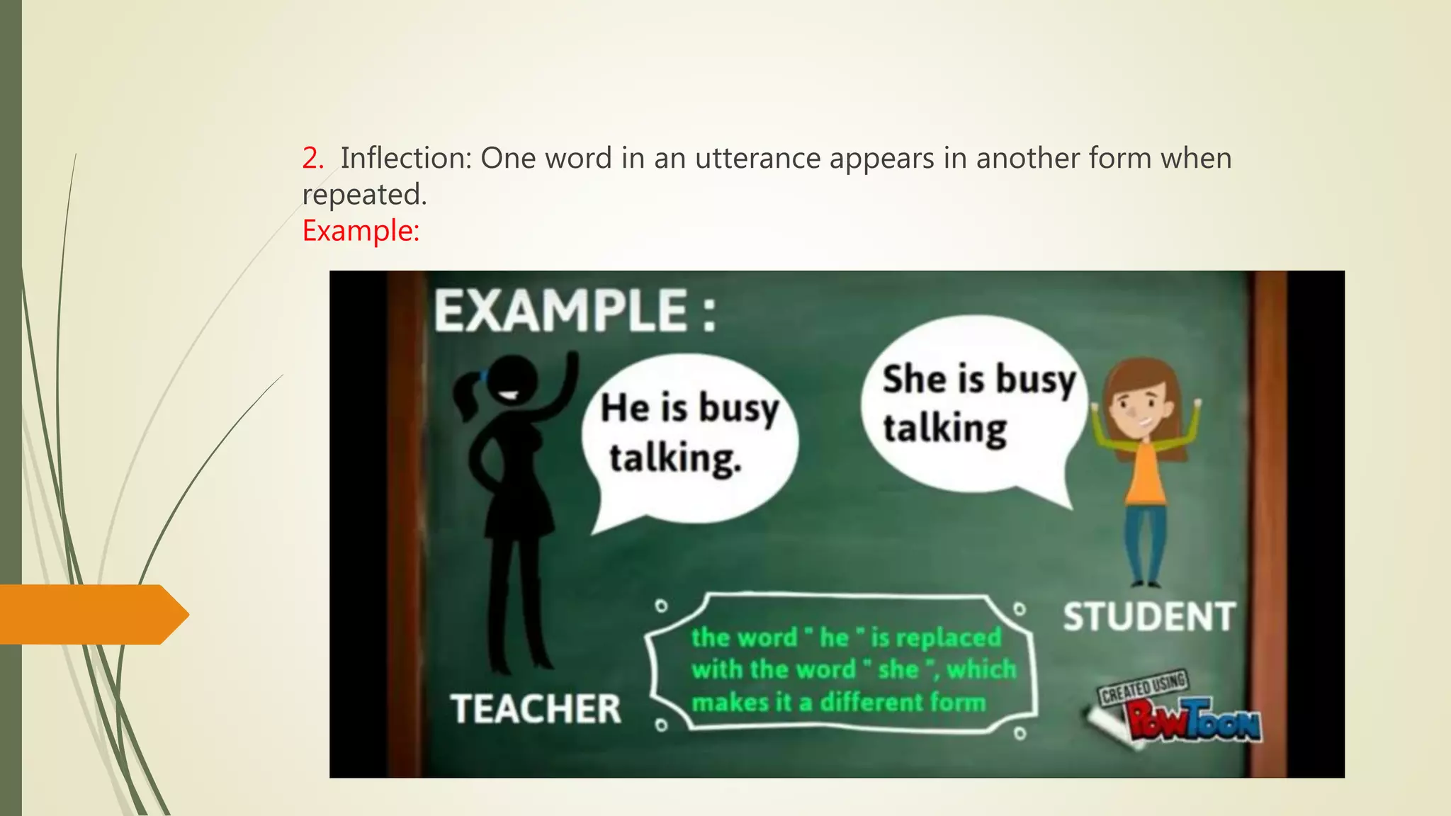 2. Inflection: One word in an utterance appears in another form when
repeated.
Example:
 