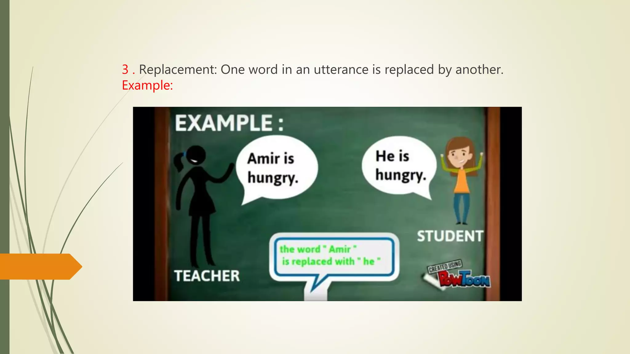 3 . Replacement: One word in an utterance is replaced by another.
Example:
 