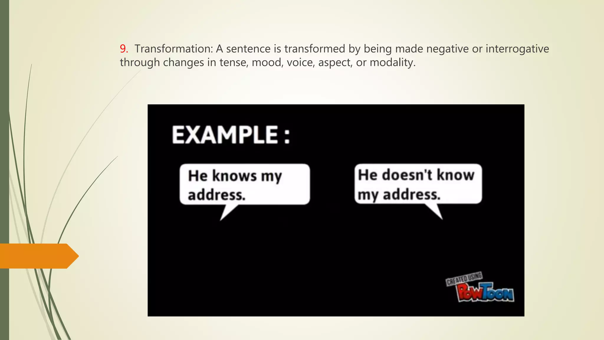 9. Transformation: A sentence is transformed by being made negative or interrogative
through changes in tense, mood, voice, aspect, or modality.
 