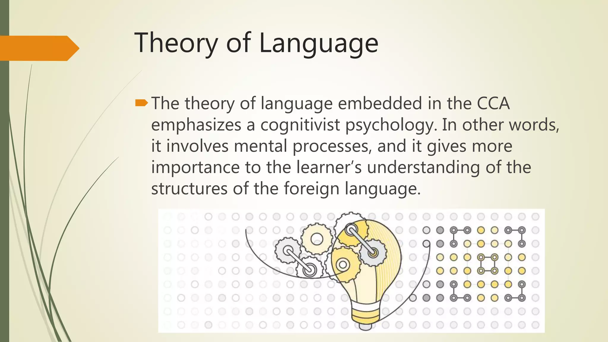 Theory of Language
The theory of language embedded in the CCA
emphasizes a cognitivist psychology. In other words,
it involves mental processes, and it gives more
importance to the learner’s understanding of the
structures of the foreign language.
 