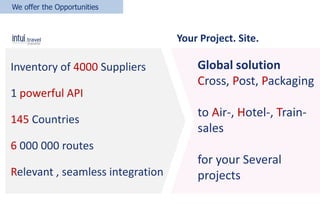 Inventory of 4000 Suppliers
1 powerful API
145 Countries
6 000 000 routes
Relevant , seamless integration
We offer the Opportunities
Global solution
Cross, Post, Packaging
to Air-, Hotel-, Train-
sales
for your Several
projects
Your Project. Site.
 
