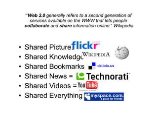“ Web 2.0  generally refers to a second generation of  services available on the WWW that lets people  collaborate  and  share  information online .”  Wikipedia Shared Pictures =  Shared Knowledge = Shared Bookmarks = Shared News =  Shared Videos = Shared Everything =  