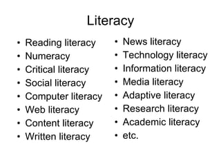 Literacy Reading literacy Numeracy Critical literacy Social literacy Computer literacy Web literacy Content literacy Written literacy News literacy Technology literacy Information literacy Media literacy Adaptive literacy Research literacy Academic literacy etc. 