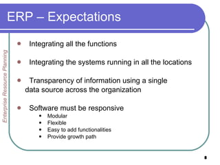 ERP – Expectations Integrating all the functions Integrating the systems running in all the locations Transparency of information using a single data source across the organization Software must be responsive Modular Flexible Easy to add functionalities Provide growth path Enterprise Resource Planning 