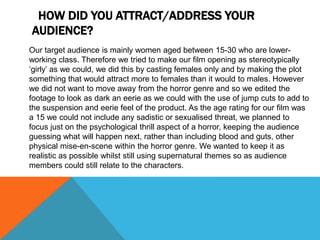 HOW DID YOU ATTRACT/ADDRESS YOUR
AUDIENCE?
Our target audience is mainly women aged between 15-30 who are lower-
working class. Therefore we tried to make our film opening as stereotypically
‘girly’ as we could, we did this by casting females only and by making the plot
something that would attract more to females than it would to males. However
we did not want to move away from the horror genre and so we edited the
footage to look as dark an eerie as we could with the use of jump cuts to add to
the suspension and eerie feel of the product. As the age rating for our film was
a 15 we could not include any sadistic or sexualised threat, we planned to
focus just on the psychological thrill aspect of a horror, keeping the audience
guessing what will happen next, rather than including blood and guts, other
physical mise-en-scene within the horror genre. We wanted to keep it as
realistic as possible whilst still using supernatural themes so as audience
members could still relate to the characters.
 