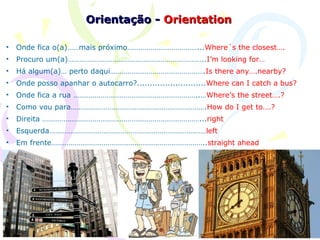 Orientação - Orientation

•   Onde fica o(a)……mais próximo………………………………...Where´s the closest….
•   Procuro um(a)……………………………………………………………..I’m looking for…
•   Há algum(a)… perto daqui………………………………………….Is there any….nearby?
•   Onde posso apanhar o autocarro?...........................Where can I catch a bus?
•   Onde fica a rua ………………………………………………………..…Where’s the street….?
•   Como vou para…………………………………………………………….How do I get to….?
•   Direita ………………………………………………………………………...right
•   Esquerda………………………………………………………………………left
•   Em frente……………………………………………………………………..straight ahead


•
 