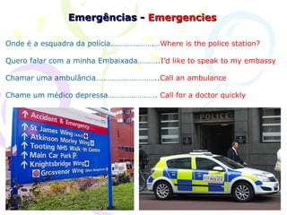Emergências - Emergencies

Onde é a esquadra da polícia………………….…Where is the police station?

Quero falar com a minha Embaixada………..I’d like to speak to my embassy

Chamar uma ambulância…………………………..Call an ambulance

Chame um médico depressa……………………. Call for a doctor quickly
 