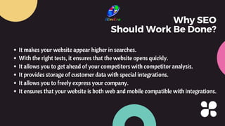 It makes your website appear higher in searches.
With the right tests, it ensures that the website opens quickly.
It allow...