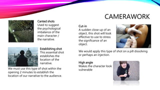 CAMERAWORK
Canted shots
Used to suggest
the psychological
imbalance of the
main character /
the narrative.
Cut-in
A sudden close up of an
object, this shot will look
effective to use to stress
the significance of an
object.
We would apply this type of shot on a pill dissolving
or perhaps an injection.
Establishing shot
This essential shot
establishes the
location of the
narrative.
We must use this type of shot within the
opening 2 minutes to establish the
location of our narrative to the audience.
High angle
Makes the character look
vulnerable
 