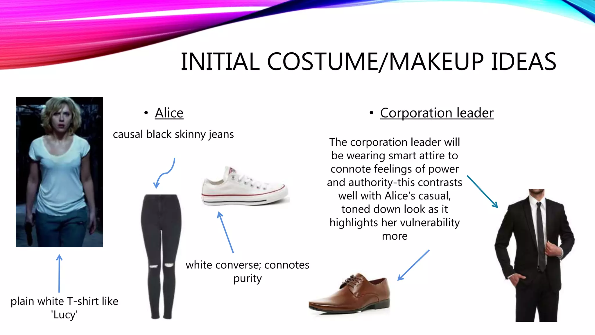 INITIAL COSTUME/MAKEUP IDEAS
• Alice • Corporation leader
plain white T-shirt like
'Lucy'
causal black skinny jeans
white converse; connotes
purity
The corporation leader will
be wearing smart attire to
connote feelings of power
and authority-this contrasts
well with Alice's casual,
toned down look as it
highlights her vulnerability
more
 