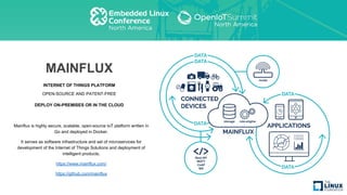 MAINFLUX
INTERNET OF THINGS PLATFORM
OPEN-SOURCE AND PATENT-FREE
DEPLOY ON-PREMISES OR IN THE CLOUD
Mainflux is highly secure, scalable, open-source IoT platform written in
Go and deployed in Docker.
It serves as software infrastructure and set of microservices for
development of the Internet of Things Solutions and deployment of
intelligent products.
https://www.mainflux.com/
https://github.com/mainflux
 