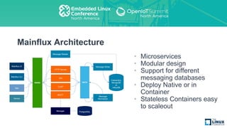 Mainflux Architecture
• Microservices
• Modular design
• Support for different
messaging databases
• Deploy Native or in
Container
• Stateless Containers easy
to scaleout
 