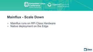 Mainflux - Scale Down
● Mainflux runs on RPi Class Hardware
● Native deployment on the Edge
 
