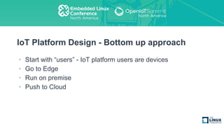 IoT Platform Design - Bottom up approach
• Start with “users” - IoT platform users are devices
• Go to Edge
• Run on premise
• Push to Cloud
 