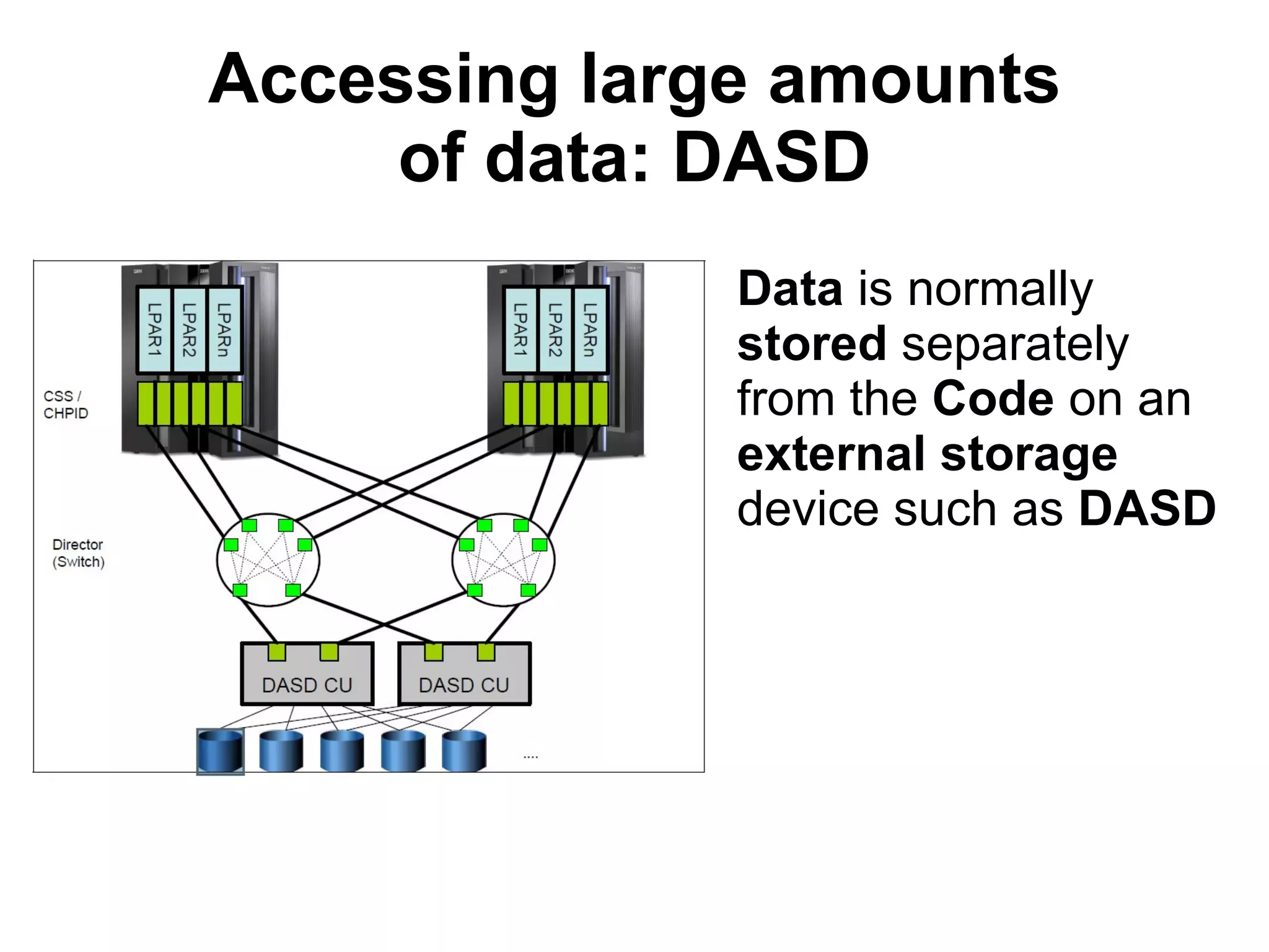 Accessing large amounts of data: DASD Data  is normally  stored  separately from the  Code  on an  external storage  device such as  DASD 