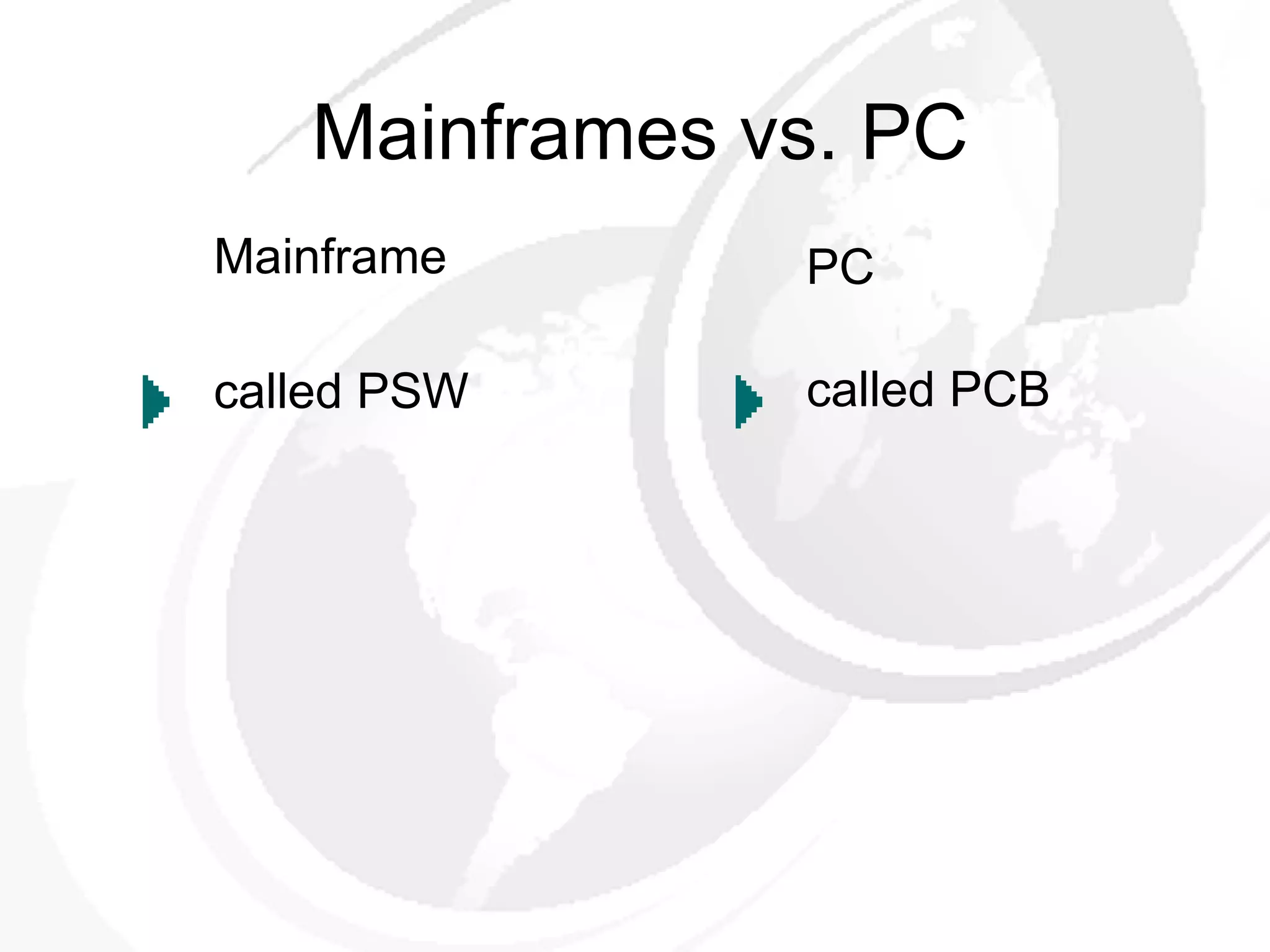 Mainframes vs. PC Mainframe called PSW PC called PCB 