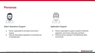 13 Broadcom Proprietary and Confidential. © 2019 Broadcom. All Rights Reserved. "Broadcom" refers to Broadcom Limited and/or its subsidiaries.| Broadcom Standard Technology
Personas
Application SupportBatch Operations Support
● Person responsible for the batch environment
support.
● Uses the ServiceNow application to proactively act
on abended jobs.
● Person responsible to support a specific mainframe
application, all services, batch jobs and flows.
● Performs ad-hoc requests in the Mainframe batch
environment.
 