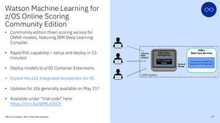 Watson Machine Learning for
z/OS Online Scoring
Community Edition
• Community edition (free) scoring service for
ONNX mode...