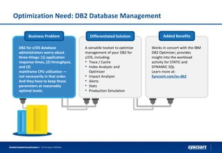 Business Problem Differentiated Solution Added Benefits
DB2 for z/OS database
administrators worry about
three things: (1) application
response times, (2) throughput,
and (3)
mainframe CPU utilization —
not necessarily in that order.
And they have to keep those
parameters at reasonably
optimal levels.
A versatile toolset to optimize
management of your DB2 for
z/OS, including:
• Trace / Cache
• Index Analyzer and
Optimizer
• Impact Analyzer
• Alerts
• Stats
• Production Simulation
Works in concert with the IBM
DB2 Optimizer; provides
insight into the workload
activity for STATIC and
DYNAMIC SQL
Learn more at:
Syncsort.com/ez-db2
Optimization Need: DB2 Database Management
Syncsort Confidential and Proprietary - do not copy or distribute© 2016 Syncsort Incorporated
 