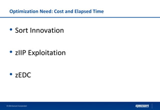 Optimization Need: Cost and Elapsed Time
© 2016 Syncsort Incorporated
• Sort Innovation
• zIIP Exploitation
• zEDC
 