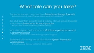 What role can you take?
6
Supervise storage components as Mainframe Storage Specialist
#HaveEnoughSpace #disk #VTS #tape #DFHSM #DASD #TS7700 #DFRMM
Set and maintain security tools & policies of most secure business machine as
Mainframe Security Specialist
#ProperAccess #ILoveAudits #privileges #access #policy
Adjust and plan performance as Mainframe performance and Capacity
Specialist
#HaveEnoughPerfomance #MIPS #SoftCapping #HardCapping
Maintain Monitoring tool as Mainframe System Automatin Administrator
#ProperMonitoring #Netview #ATM #AOC #REXX #ALERTS
 