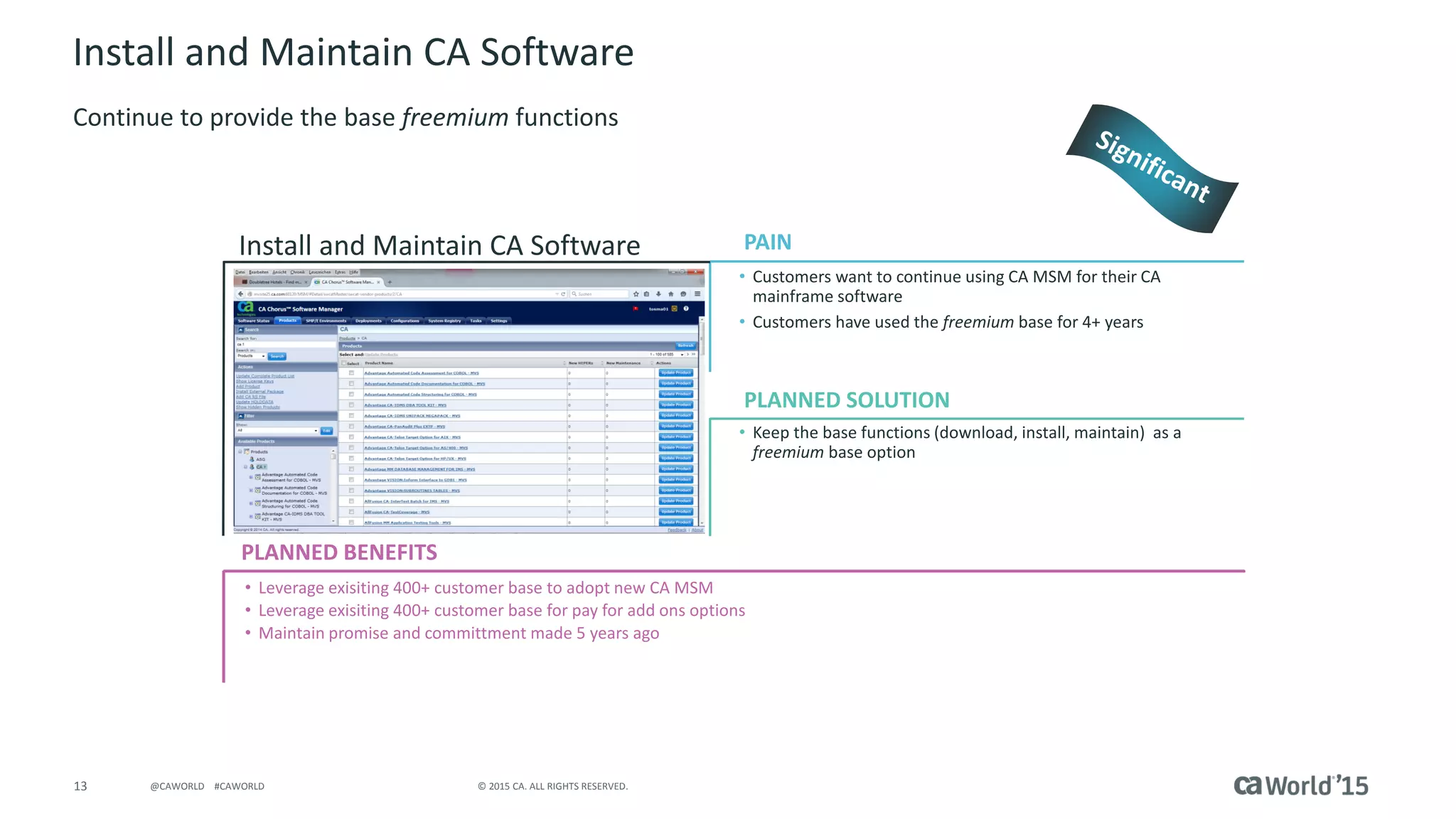 13 © 2015 CA. ALL RIGHTS RESERVED.@CAWORLD #CAWORLD
Install and Maintain CA Software
Continue to provide the base freemium functions
PLANNED BENEFITS
Install and Maintain CA Software
• Customers want to continue using CA MSM for their CA
mainframe software
• Customers have used the freemium base for 4+ years
• Keep the base functions (download, install, maintain) as a
freemium base option
• Leverage exisiting 400+ customer base to adopt new CA MSM
• Leverage exisiting 400+ customer base for pay for add ons options
• Maintain promise and committment made 5 years ago
PAIN
PLANNED SOLUTIONInsert screenshot here
 