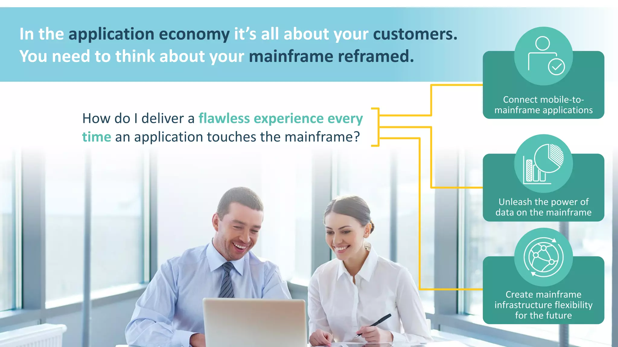 4 © 2015 CA. ALL RIGHTS RESERVED.@CAWORLD #CAWORLD
How do I deliver a flawless experience every
time an application touches the mainframe?
In the application economy it’s all about your customers.
You need to think about your mainframe reframed.
Connect mobile-to-
mainframe applications
Create mainframe
infrastructure flexibility
for the future
Unleash the power of
data on the mainframe
 