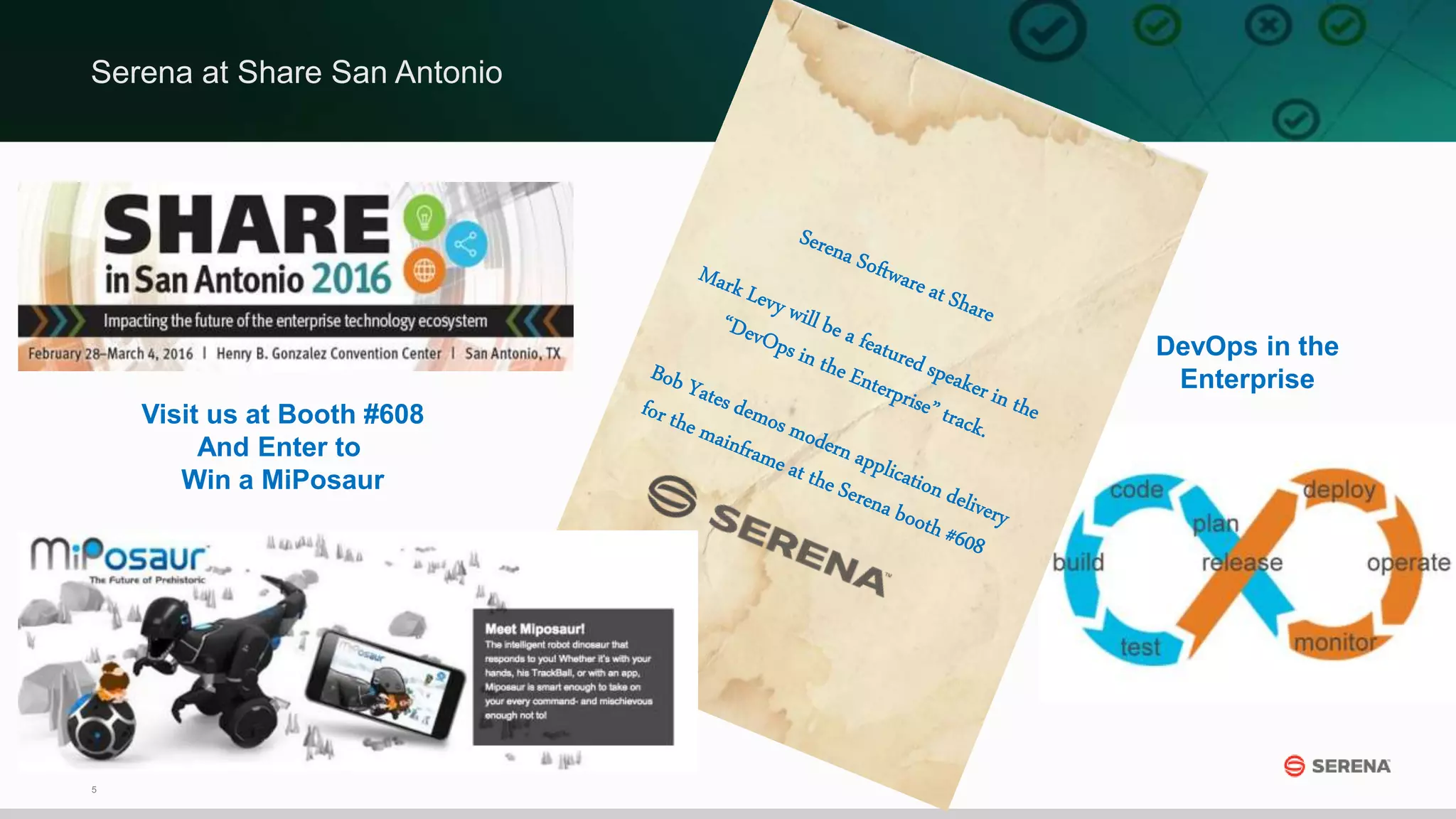 5
Serena at Share San Antonio
Visit us at Booth #608
And Enter to
Win a MiPosaur
DevOps in the
Enterprise
 