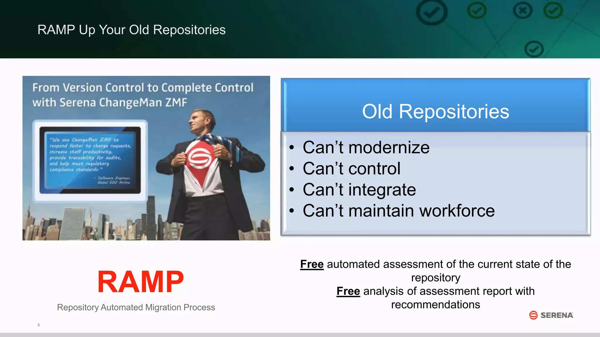 6
Old Repositories
• Can’t modernize
• Can’t control
• Can’t integrate
• Can’t maintain workforce
RAMP Up Your Old Repositories
RAMP
Repository Automated Migration Process
Free automated assessment of the current state of the
repository
Free analysis of assessment report with
recommendations
 