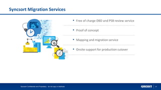 23
Syncsort Migration Services
Syncsort Confidential and Proprietary - do not copy or distribute
• Free of charge DBD and PSB review service
• Proof of concept
• Mapping and migration service
• Onsite support for production cutover
 