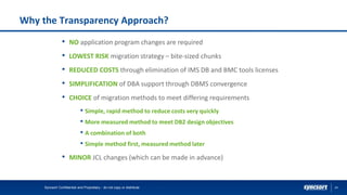 24
Why the Transparency Approach?
Syncsort Confidential and Proprietary - do not copy or distribute
• NO application program changes are required
• LOWEST RISK migration strategy – bite-sized chunks
• REDUCED COSTS through elimination of IMS DB and BMC tools licenses
• SIMPLIFICATION of DBA support through DBMS convergence
• CHOICE of migration methods to meet differing requirements
• Simple, rapid method to reduce costs very quickly
• More measured method to meet DB2 design objectives
• A combination of both
• Simple method first, measured method later
• MINOR JCL changes (which can be made in advance)
 