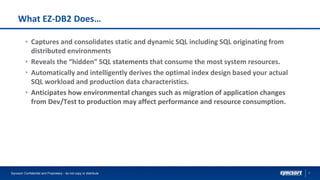 7
What EZ-DB2 Does…
Captures and consolidates static and dynamic SQL including SQL originating from
distributed environments
Reveals the “hidden” SQL statements that consume the most system resources.
Automatically and intelligently derives the optimal index design based your actual
SQL workload and production data characteristics.
Anticipates how environmental changes such as migration of application changes
from Dev/Test to production may affect performance and resource consumption.
Syncsort Confidential and Proprietary - do not copy or distribute
 